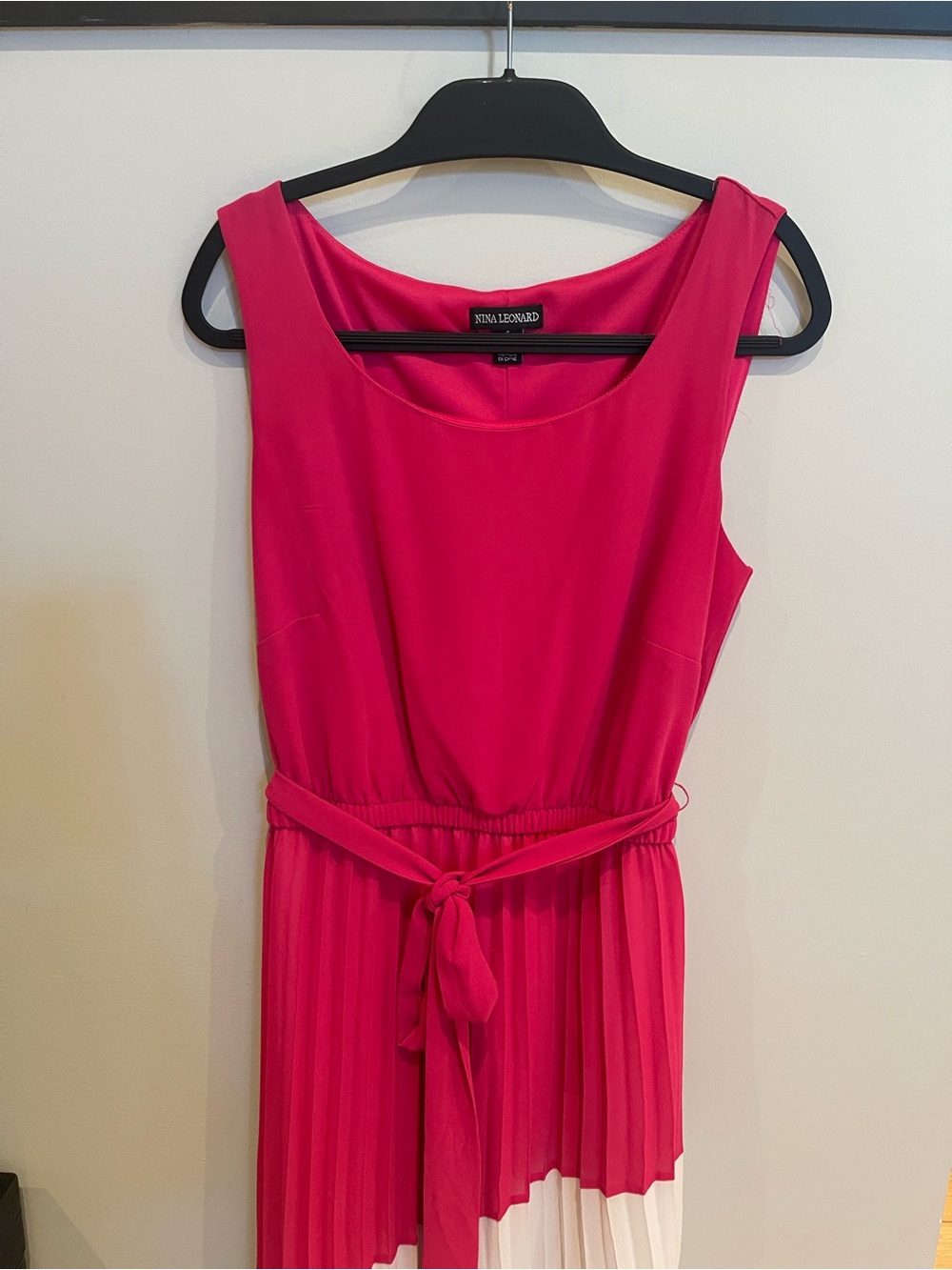 Nina Leonard Hot Pink Sleeveless Pleated Maxi Dress with Belt